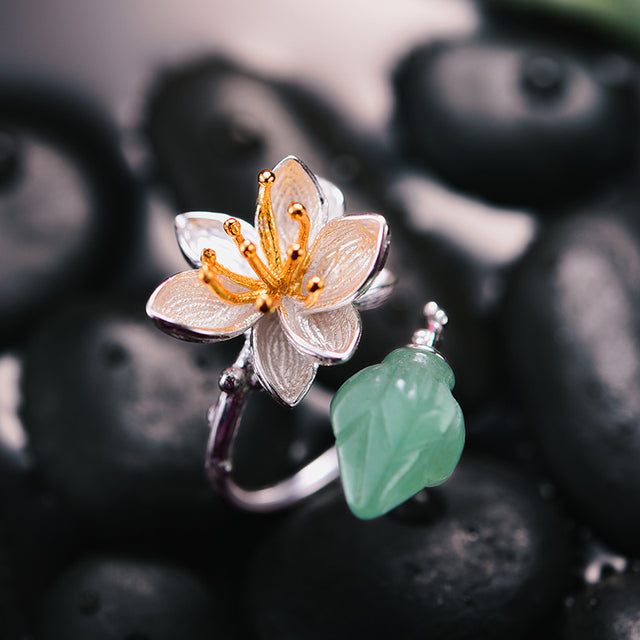 Silver Natural Aventurine Flower Ring