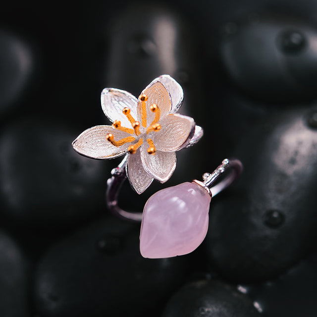 Silver Natural Aventurine Flower Ring