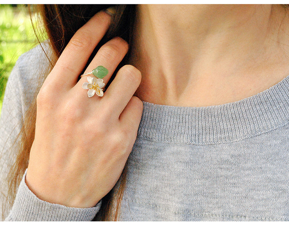 Silver Natural Aventurine Flower Ring